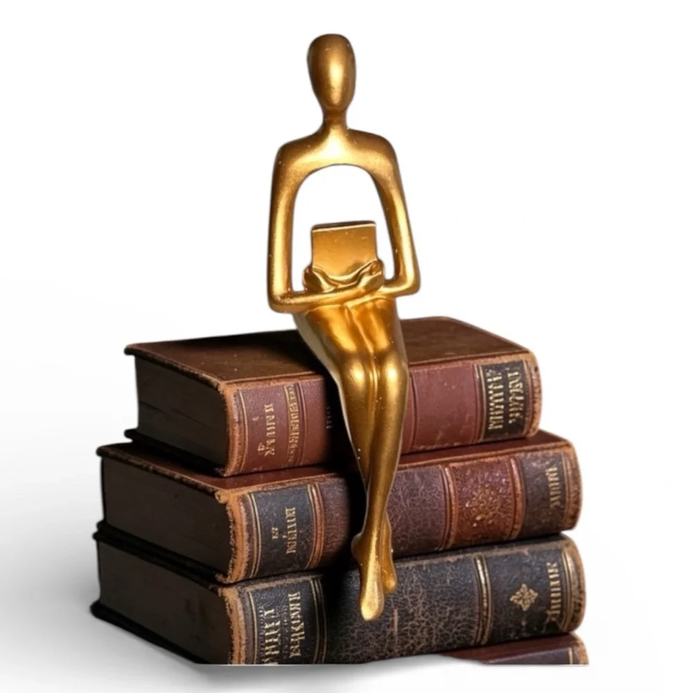 Abstract Modern Statue Figurine Gold Tone Shelf Sitter Woman Reader Holding Book